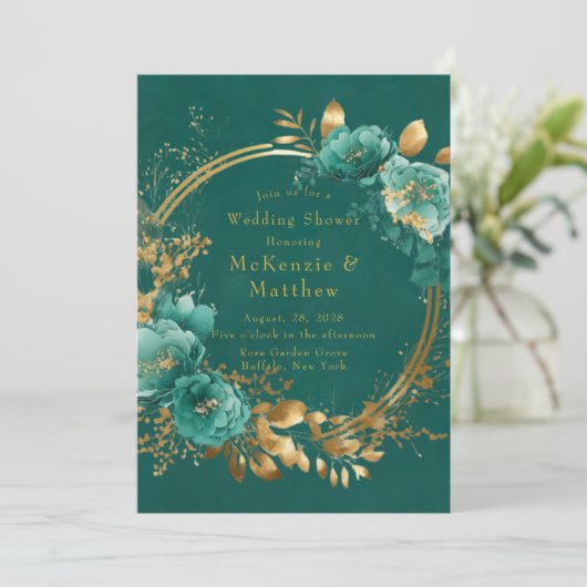 エレガントティール（緑がかった色）及び金ゴールドフローラウェディングシャワー 招待状 (スタンド正面)