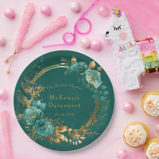 エレガントティール（緑がかった色）及び金ゴールドフローラブライダルシャワー ペーパープレート (パーティー)