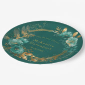 エレガントティール（緑がかった色）及び金ゴールドフローラブライダルシャワー ペーパープレート (アングル)