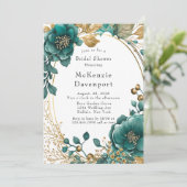 エレガントティール(緑がかった色)及び金ゴールドフローラブライダルシャワー 招待状 (スタンド正面)