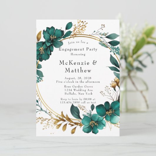 エレガントティール（緑がかった色）及び金ゴールドフローラ婚約パーティ 招待状 (スタンド正面)