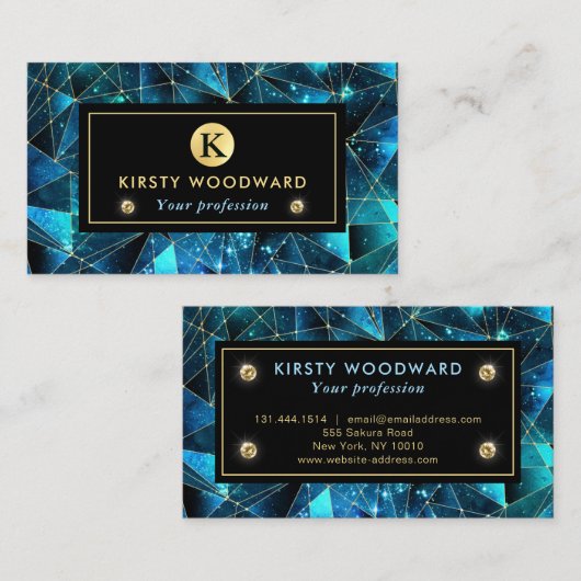 エレガントティール（緑がかった色）及び金ゴールドミッドナイトクリスタル銀河系 名刺 (正面/裏面)