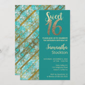 エレガントティール(緑がかった色)及び金ゴールド誕生日招待状 招待状 (正面/裏面)