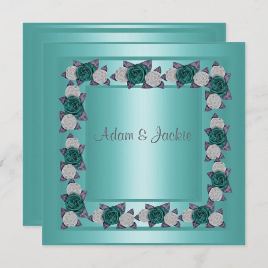 エレガントティール（緑がかった色）数々のバラ結婚式招待状 招待状 (正面/裏面)