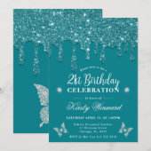 エレガントティール（緑がかった色）滴下グリッター21歳 招待状 (正面/裏面)