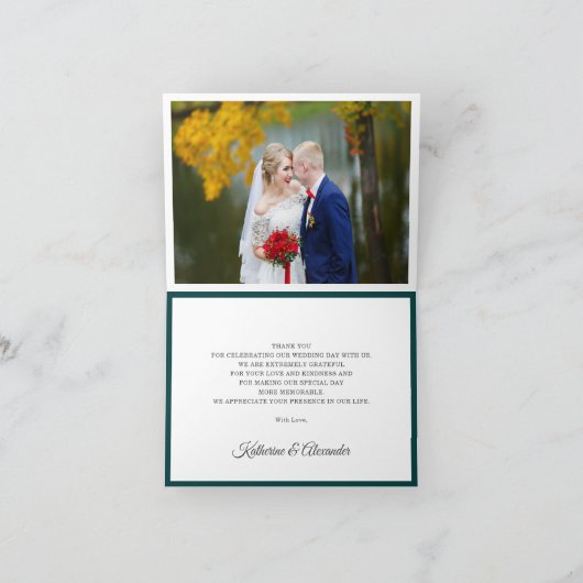 エレガントティール（緑がかった色）燃えたオレンジ色のフローラの結婚写真 サンキューカード (内部)