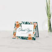 エレガントティール（緑がかった色）燃えたオレンジ色のフローラの結婚写真 サンキューカード (正面)
