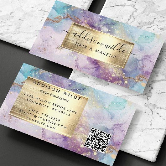 エレガントティール（緑がかった色）紫と金ゴールド水彩大理石QR 名刺