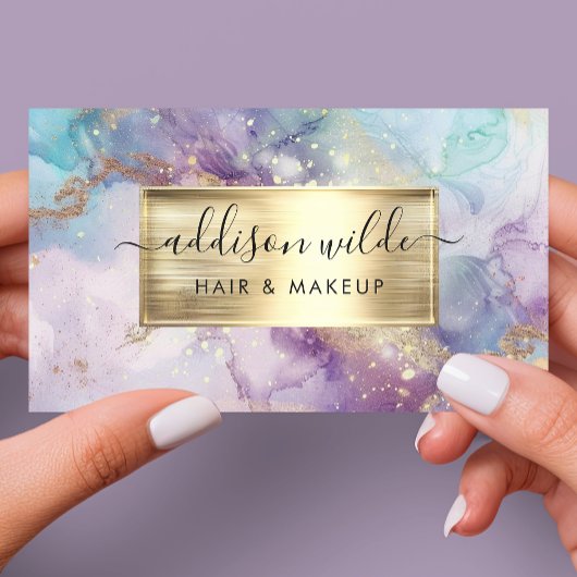エレガントティール（緑がかった色）紫と金ゴールド水彩大理石QR 名刺