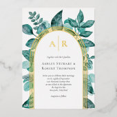エレガントティール（緑がかった色）緑化の水の色結婚の金ゴールド 箔招待状 (正面)