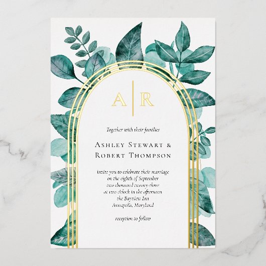 エレガントティール（緑がかった色）緑化の水の色結婚の金ゴールド 箔招待状 (正面)