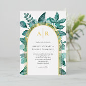 エレガントティール（緑がかった色）緑化の水の色結婚の金ゴールド 箔招待状 (立ち正面)