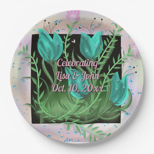 エレガントティール(緑がかった色)花結婚のプレート ペーパープレート (正面)