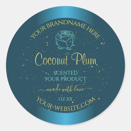 エレガントティール(緑がかった色)製品ラベル金ゴールドソフトグリッターバラ ラウンドシール (正面)