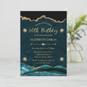 エレガントティール（緑がかった色）金ゴールドグリッターアゲート60誕生日 招待状 (スタンド正面)