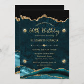 エレガントティール（緑がかった色）金ゴールドグリッターアゲート60誕生日 招待状 (正面/裏面)