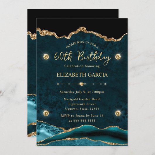 エレガントティール（緑がかった色）金ゴールドグリッターアゲート60誕生日 招待状 (正面/裏面)