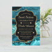 エレガントティール（緑がかった色）&金ゴールドグリッターアゲートSweet sixteen 招待状 (スタンド正面)