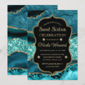 エレガントティール（緑がかった色）&金ゴールドグリッターアゲートSweet sixteen 招待状 (正面/裏面)