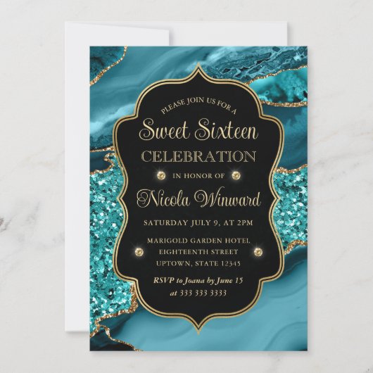 エレガントティール（緑がかった色）&金ゴールドグリッターアゲートSweet sixteen 招待状 (正面)
