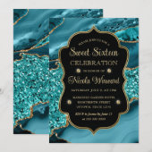 エレガントティール（緑がかった色）&金ゴールドグリッターアゲートSweet sixteen 招待状 (正面/裏面)