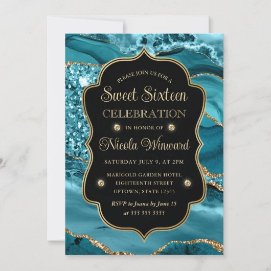 エレガントティール（緑がかった色）&金ゴールドグリッターアゲートSweet sixteen 招待状 (正面)