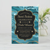エレガントティール（緑がかった色）&金ゴールドグリッターアゲートSweet sixteen 招待状 (スタンド正面)