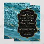 エレガントティール（緑がかった色）&金ゴールドグリッターアゲートSweet sixteen 招待状 (正面/裏面)