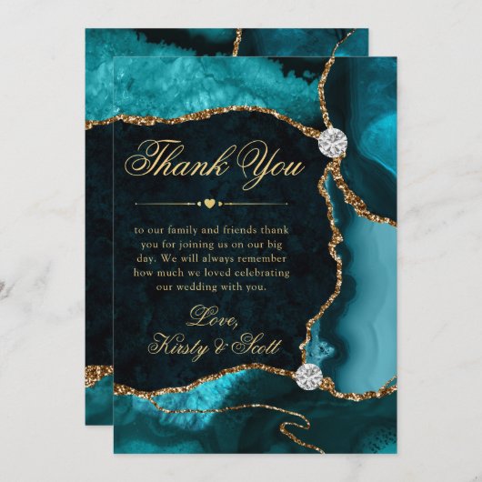 エレガントティール（緑がかった色）金ゴールドグリッターアゲ結婚ート サンキューカード (正面/裏面)