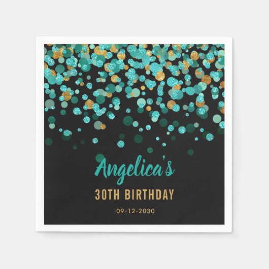 エレガントティール（緑がかった色）金ゴールドグリッター紙吹雪ブラック誕生日 スタンダードカクテルナプキン (正面)