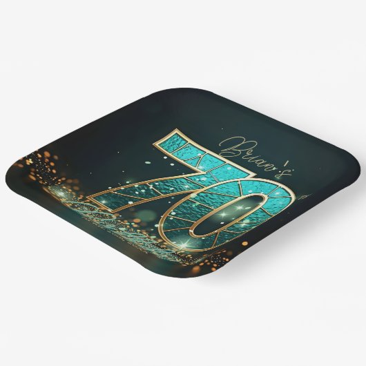 エレガントティール（緑がかった色）金ゴールドステンドグラス70誕生日 ペーパープレート (傾斜あり)