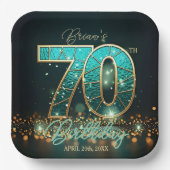 エレガントティール（緑がかった色）金ゴールドステンドグラス70誕生日 ペーパープレート (正面)