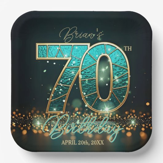 エレガントティール（緑がかった色）金ゴールドステンドグラス70誕生日 ペーパープレート (正面)