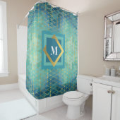 エレガントティール(緑がかった色)金ゴールドターコイズ幾何学的Anyモノグラム シャワーカーテン (インサイチュ)