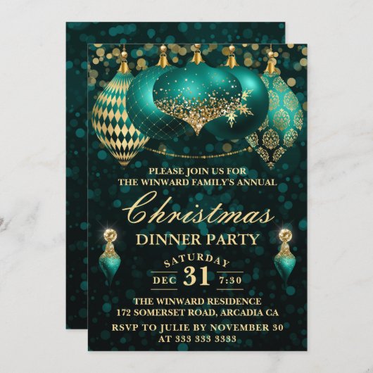 エレガントティール（緑がかった色）&金ゴールドバウズクリスマスディナーパーティー 招待状 (正面/裏面)