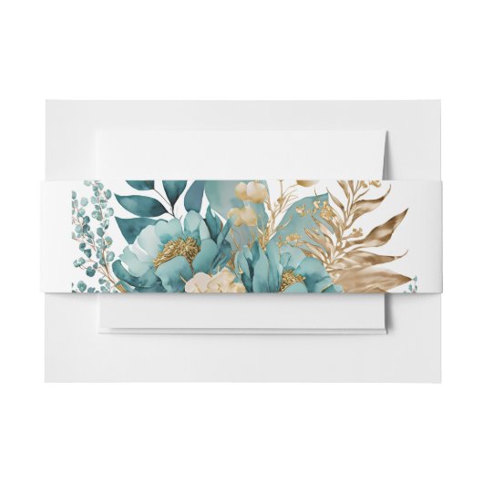 エレガントティール（緑がかった色）&金ゴールドフローラ招待状用帯 招待状ベリーバンド (正面例)