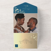 エレガントティール（緑がかった色）金ゴールドフローラ結婚写真 オールインワン招待状 (外側)