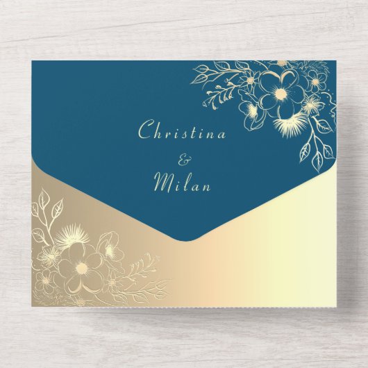 エレガントティール（緑がかった色）金ゴールドフローラ結婚写真 オールインワン招待状 (裏面)