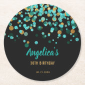 エレガントティール(緑がかった色)金ゴールドブラックグリッター紙吹雪誕生日 ラウンドペーパーコースター (正面)