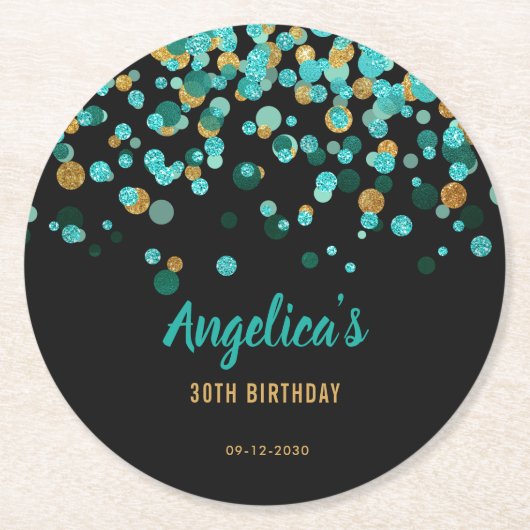 エレガントティール(緑がかった色)金ゴールドブラックグリッター紙吹雪誕生日 ラウンドペーパーコースター (正面)