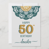 エレガントティール(緑がかった色)金ゴールドマンダラ50誕生日 カード (正面)