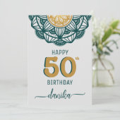 エレガントティール(緑がかった色)金ゴールドマンダラ50誕生日 カード (スタンド正面)