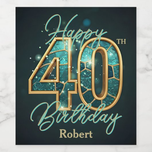 エレガントティール（緑がかった色）&金ゴールドメタリックモザイク40th誕生日 ワインラベル (シングルラベル)