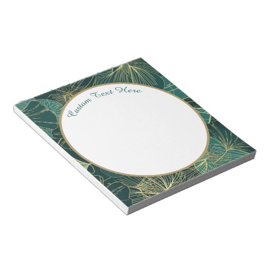 エレガントティール（緑がかった色）金ゴールド抽象芸術の葉パターン ノートパッド (アングル)