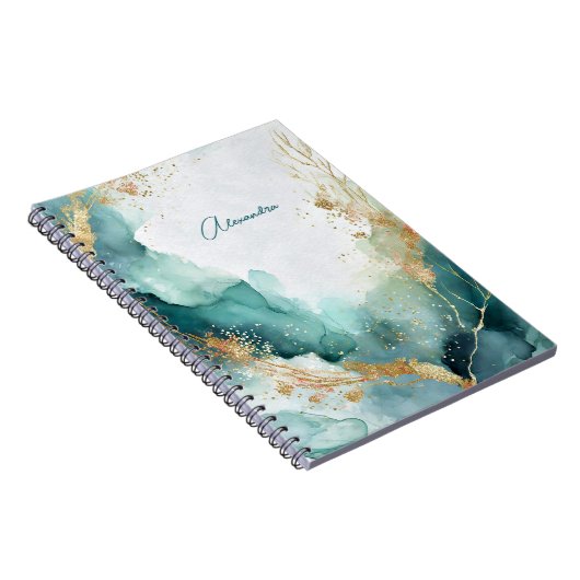 エレガントティール(緑がかった色)金ゴールド抽象芸術水彩名前をカスタムする ノートブック (右側)