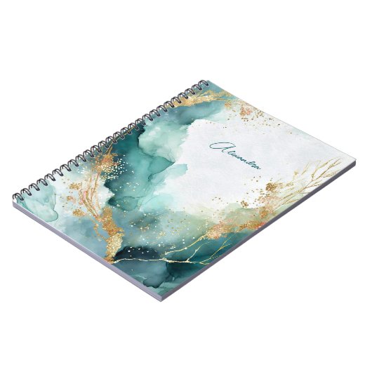 エレガントティール(緑がかった色)金ゴールド抽象芸術水彩名前をカスタムする ノートブック (左側)