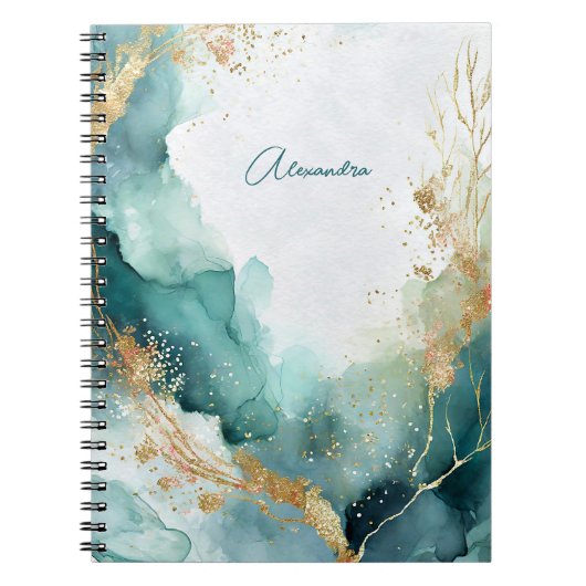エレガントティール(緑がかった色)金ゴールド抽象芸術水彩名前をカスタムする ノートブック (正面)