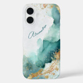 エレガントティール（緑がかった色）金ゴールド抽象芸術水彩名前をカスタムする Case-Mate iPhoneケース (裏面)