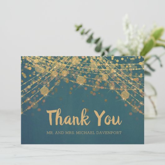 エレガントティール（緑がかった色）金ゴールド文字列ライト《写真》ぼけ味結婚の サンキューカード (スタンド正面)