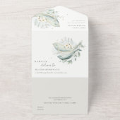 エレガントティール(緑がかった色)金ゴールド水中フローラ結婚魚 オールインワン招待状 (外側)